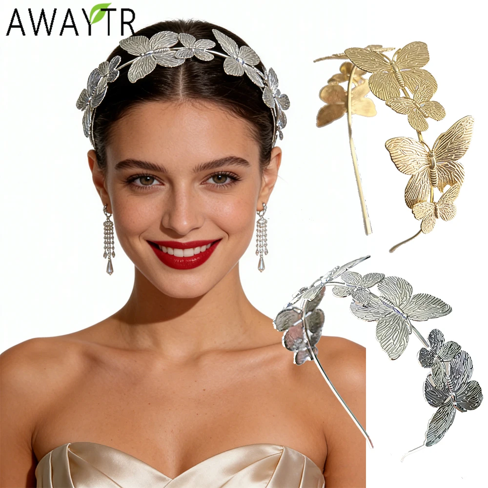 

AWAYTR Роскошные позолоченные повязки на голову с бабочками, модная повязка на голову из сплава, праздничные аксессуары для волос для женщин, вечерние головные уборы