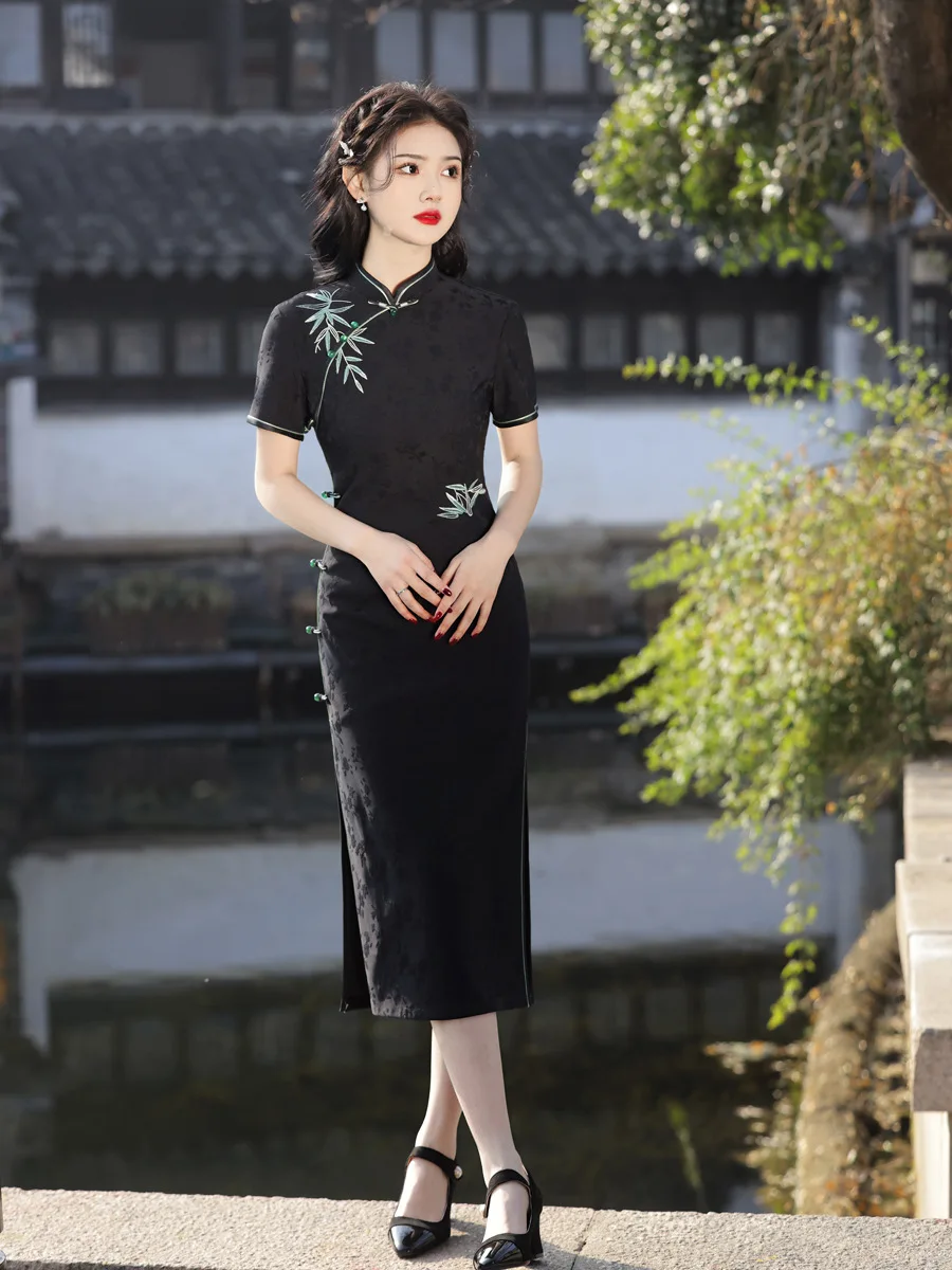 

Black Qipao 2024 New Women's Summer Improvement Youth Chinese High end Elegance Girl Dress Bamboo Women's Cheongsam Dress