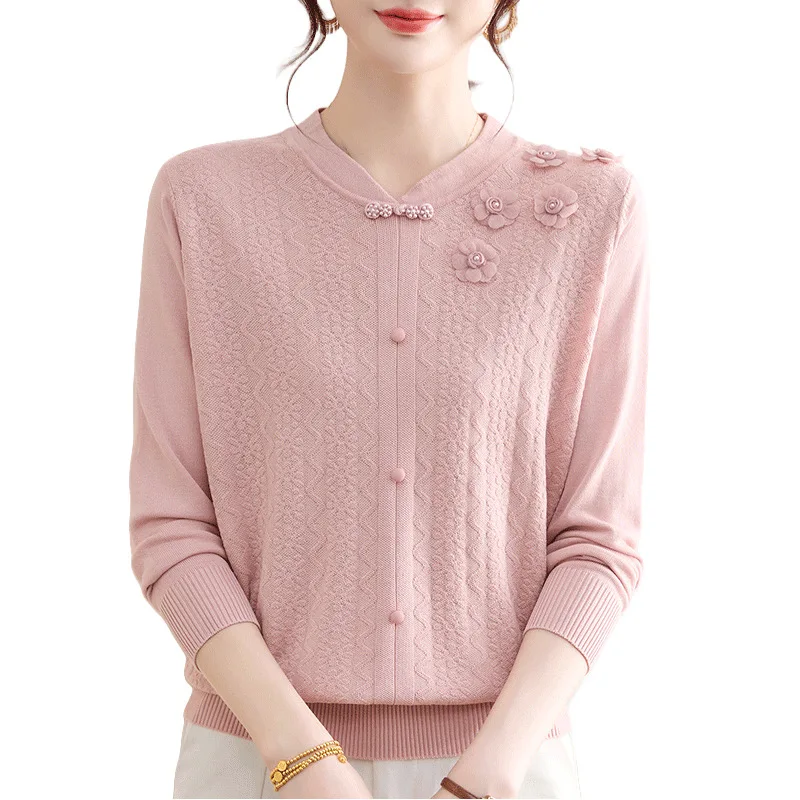 Woman Clothing New V Neck Long Sleeve Tops Spring Autumn Pullover Sweater Elegant Buttons Knitwear Blouse Mother Pull Jumper