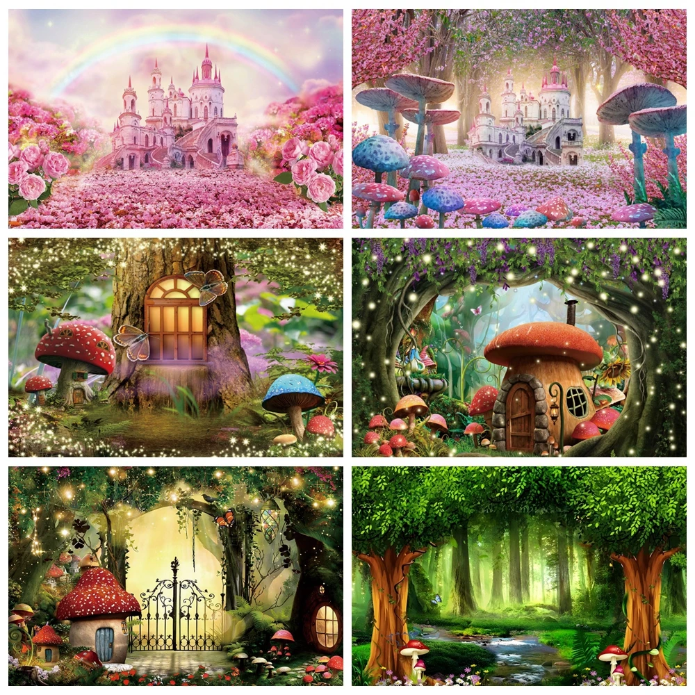 Fairy Tale Forest Backdrop Wonderland Dreamy Mushroom Flower Castle Baby Birthday Photography Background Decor Photo Studio Prop