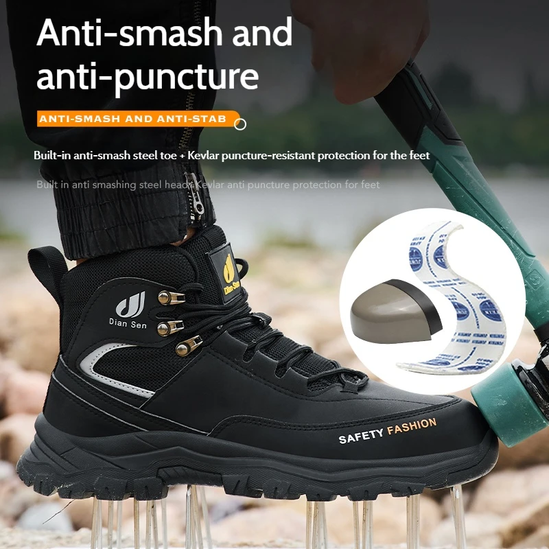 Mens Work Shoes Steel Toe Boots Anti-Puncture Anti-smash Safety Shoes Waterproof Hiking Boots Indestructible Protective Shoes