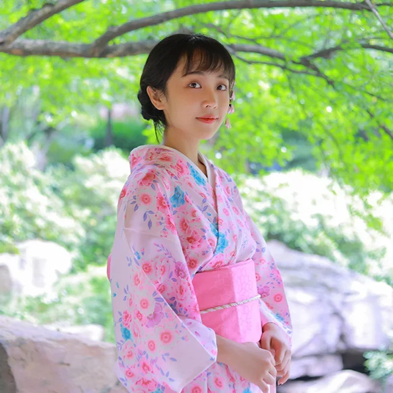 Kimono tradicional de estilo japonés para mujer, Yukata de verano, Color rosa, estampado Floral, ropa de Cosplay, ropa de fotografía, conjunto de albornoz