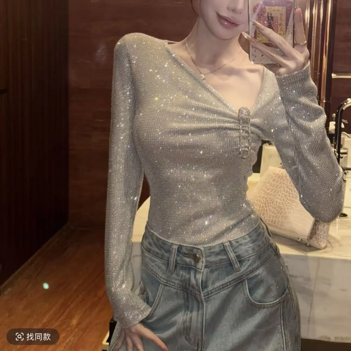 

Fashion Base Layer Top Sequined T-shirt Long-sleeve New Slim Top Y2K Women Shirts Harajuku Women Clothes Vintage Tees New