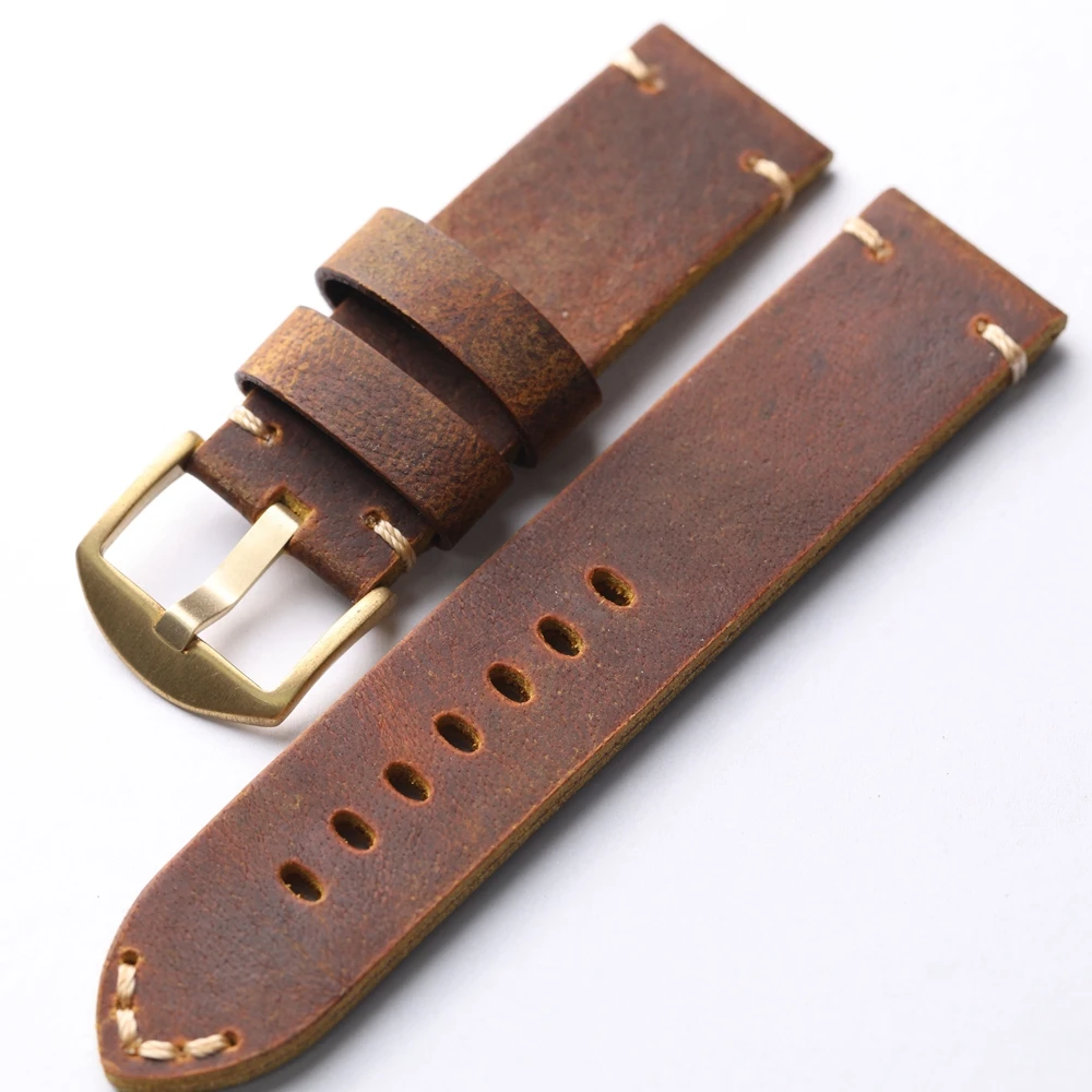 Handmade Thickened Genuine Leather Watch Band, Bronze Watch Accessories 24MM 22MM 20MM Brown Vintage Men\'s Thickened Bracelet