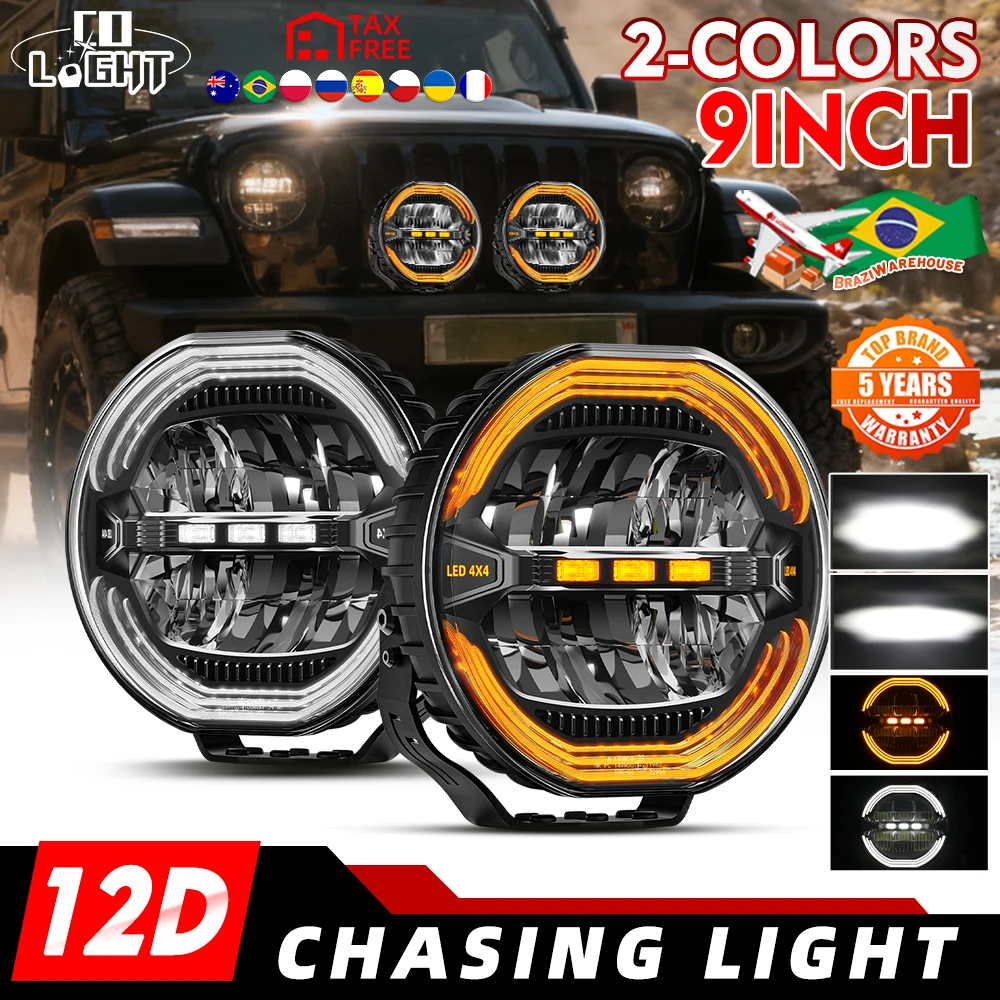 CO LIGHT Offroad 9-Zoll Weiß-Amber LED-Arbeitsscheinwerfer mit Punktstrahl, Nebelscheinwerfer, Wasserdichte LED-Zusatzleuchte für Jeep, Fahrzeuge, LKWs, SUV, Boote, ATV, UTV