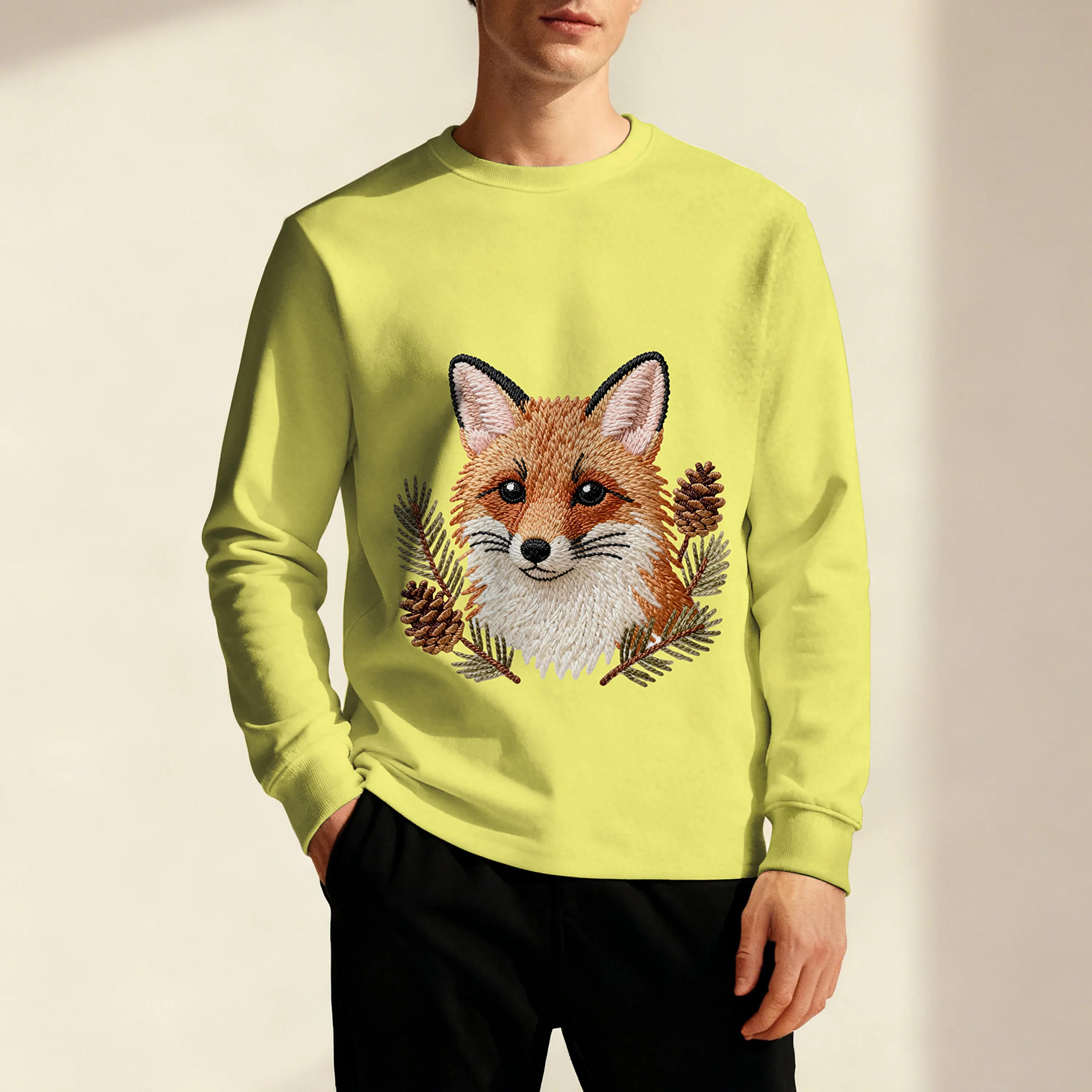 

Осенне-зимняя мужская толстовка с круглым вырезом и милым мультяшным рисунком лисы, стильная и модная для повседневной носки, отдыха и даты