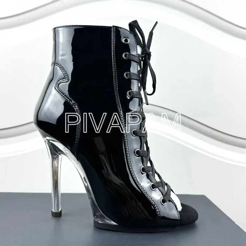 

Women Dance Heels Jazz Specific Dance Shoes Crystal Heel Peep Toe Sexy Black Pumps Shoes Lace Up High Heels Summer Boots