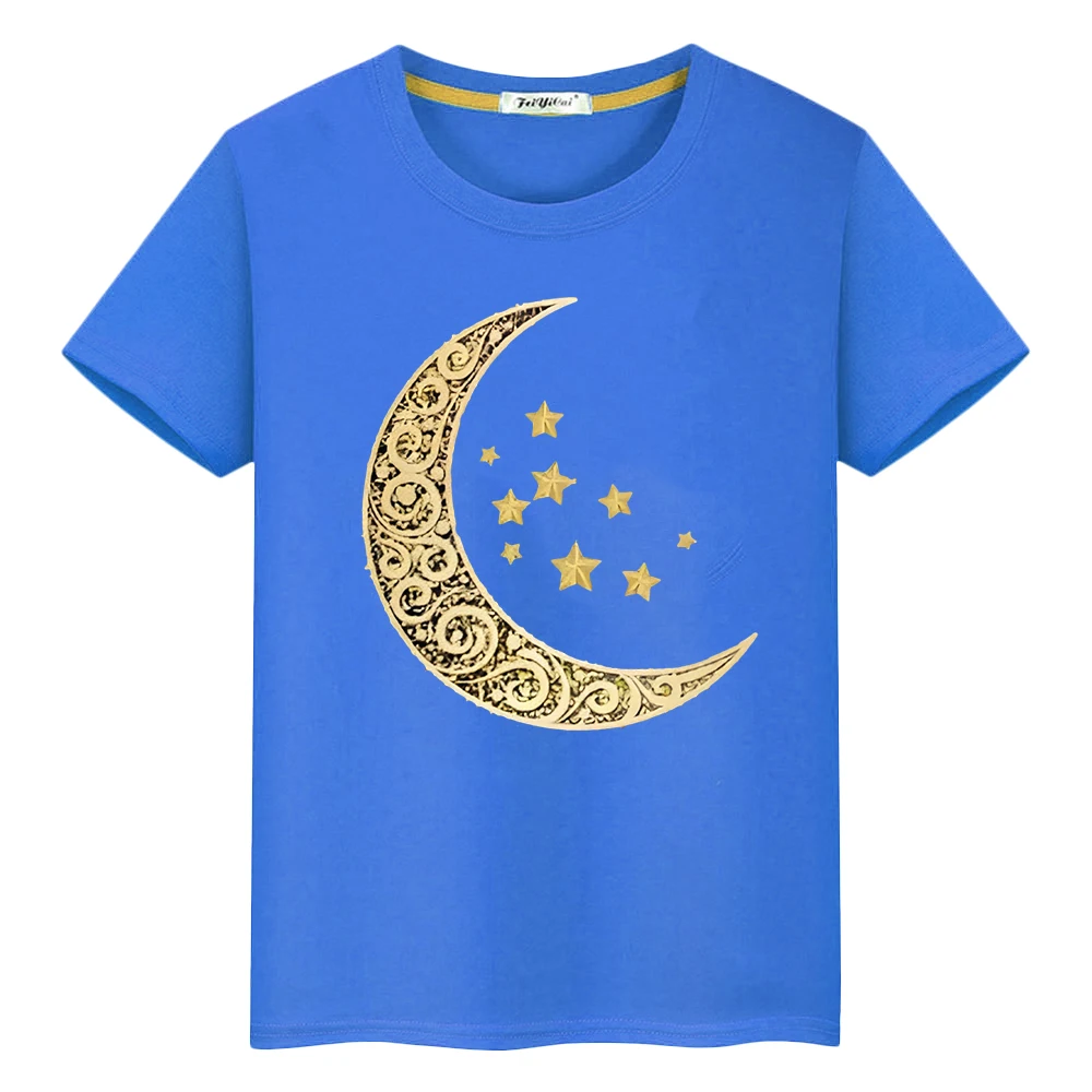 Eid Ramadan gift 100%Cotton T-Shirt Kids With Moon Clothe Boy Anime Kawaii Short Tops y2k Ramadan Kareem Muslim Festive Outfit