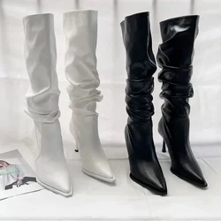 Women's Shoes 2024 High Quality Slip-on Women's Boots Fashion Pleated Office and Career Sexy Pointed Toe Knee-High Boots Zapatos