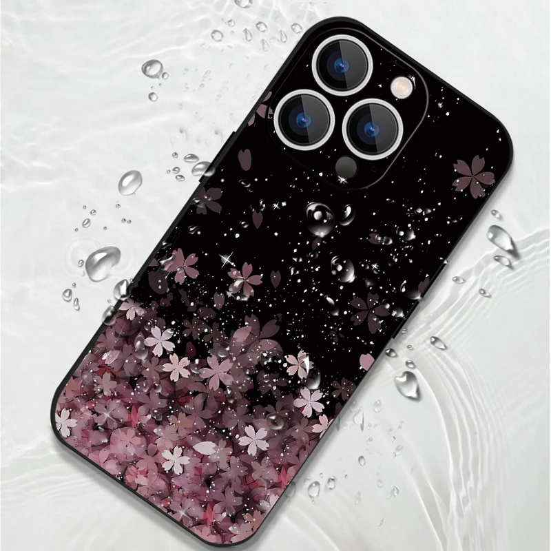 Gradient Cherry Blossoms Pattern Phone Case For iPhone 15 14 Pro Max 12 13 14 11 Pro Max XR XS X 8 7 Soft Silicone Lanyard Cover