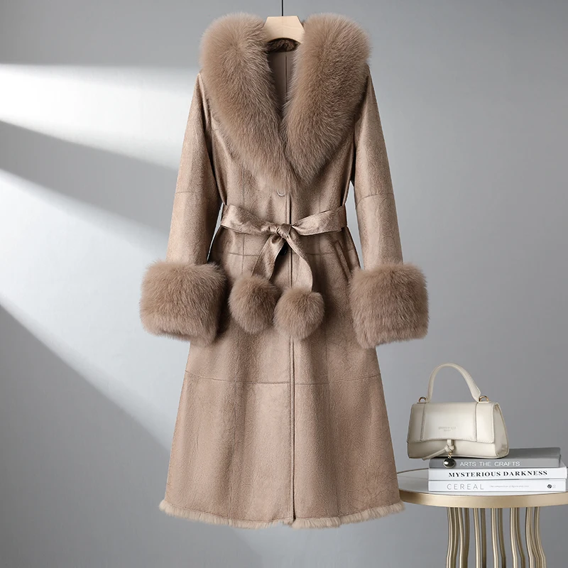 2023 Genuine Leather Fur One Piece Coat Women's Fox Fur Collar Slim Fit Medium Length Fur Coat Women's V-neck