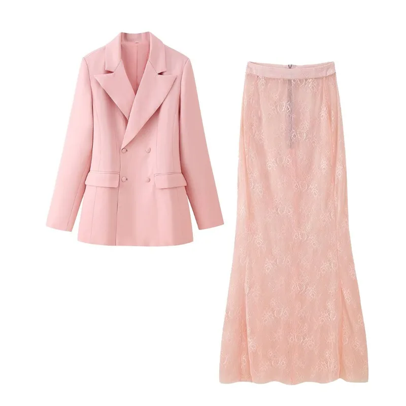 

Summer New Women Suit Lapel Waist Cinching Buckle Decoration Suit Jacket Solid Lace Maxi Skirt for Women 2-piece Sets Woman