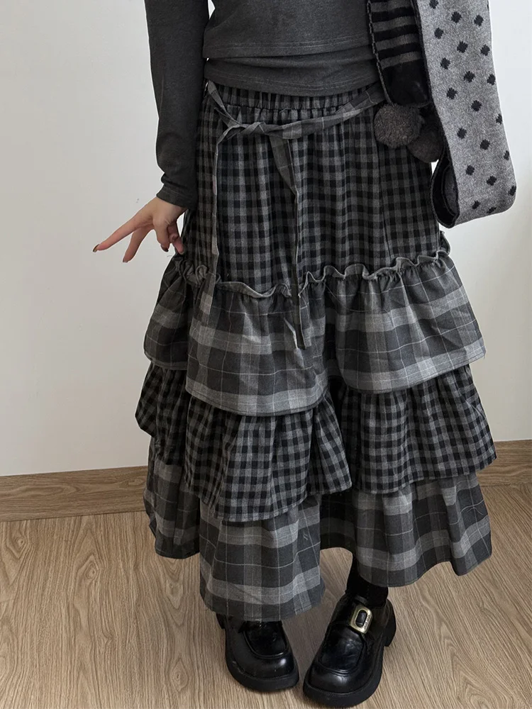 

Harajuku Ретро клетчатые длинные юбки Женские свободные оборки Хип-хоп Уличная одежда Юбка Y2K Япония Винтаж Весна Готическая длинная юбка на шнуровке