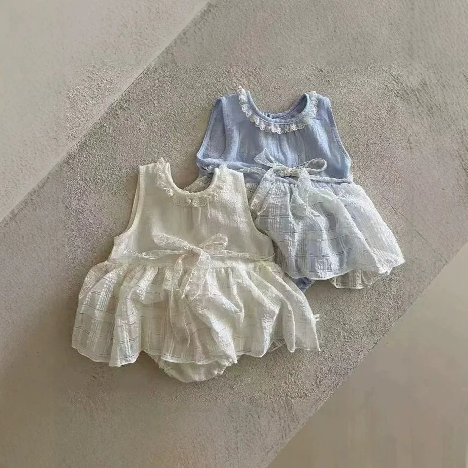 Korean-style Instagram New Baby Girls' Adorable Sweet Princess Crawling Suit, Summer Lightweight Cotton, Sleeveless Bodysuit