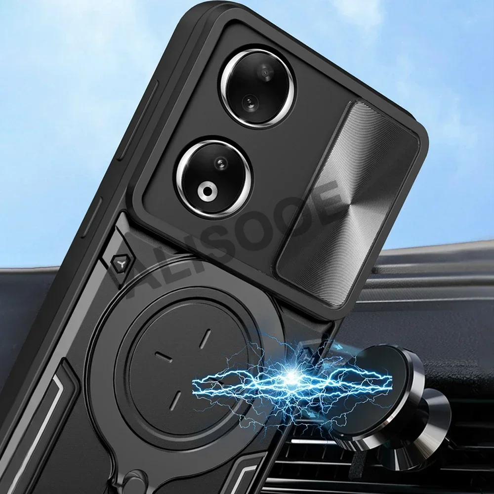 Slide Camera Lens Protect Funda dla Honor 90 Smart 5G Case Armor Ring Stand Cover dla Honor 90 Smart CLK-NX1, CLK-NX3 Capa