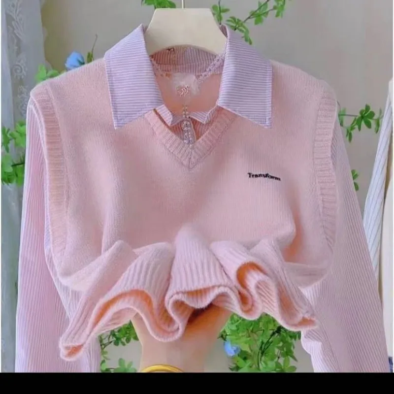 2025 وهمية قطعتين قميص مخطط المرأة أوائل الخريف قصيرة محبوك سترة سترة تقسم المرأة سترة جديدة #4