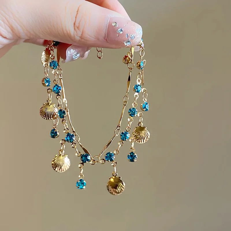 Elegante Gold Farbe Kette Shell Blau Träne Schmuck Set Kristall Halsband Halskette Armband Für Frauen Hochzeit Schmuck Geburtstag Geschenk