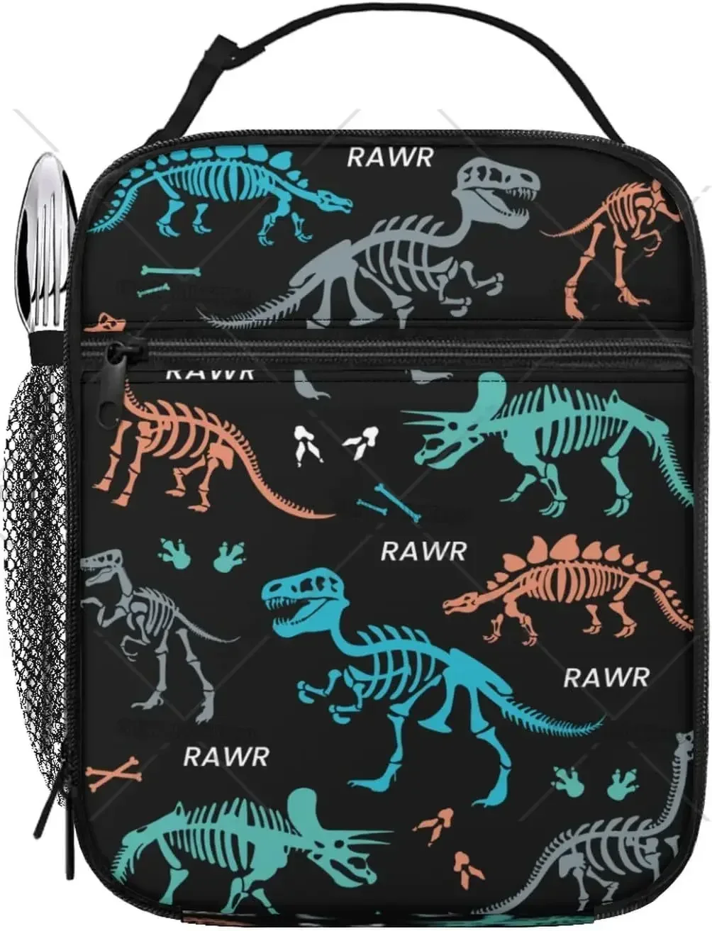 Colorful Dinosaurs Skeleton Insulated Lunch Bag Reusable Black Lunch Box Cooler Tote Lunchbag for Kids Teens Adult Work Picnic