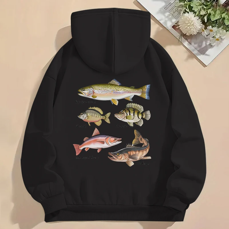 Vintage Fishing Women/Men Casual Hoodies Funny Fish Print Essential Classic Street Style Hoodie Ocean Wildlife Fishing Hoodies