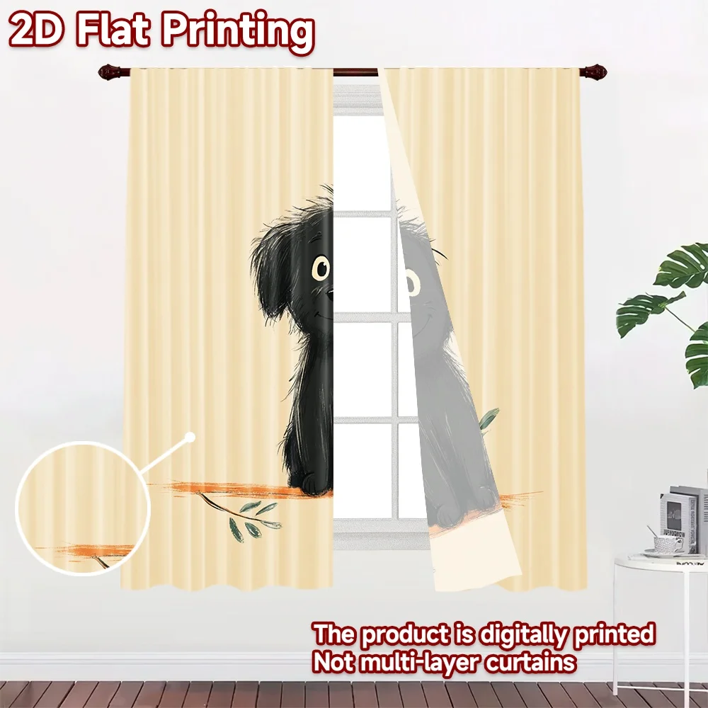 2D flat printing 2pcs Curtains Cute Black Puppy Sitting on Branch Digital Printed Polyester Drapes Festive Wall Decor Use for