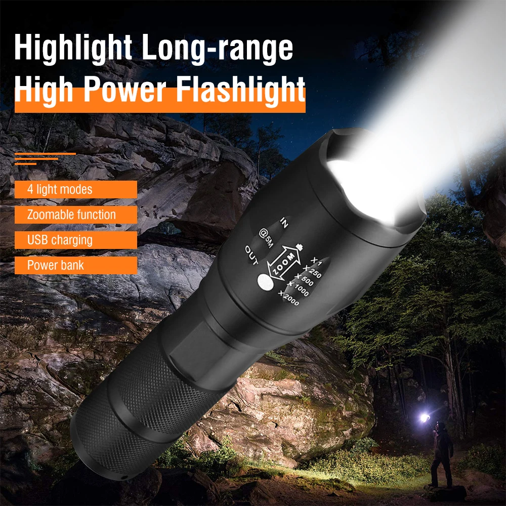 BORUIT LED Telescopic Zoom Flashlight 18650 USB Rechargeable Torch Waterproof Outdoor Fishing Work Hand Lamp Camping Lantern