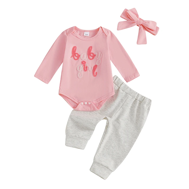 

Baby Girls 3PCS Pants Sets Long Sleeve O Neck Letter Embroidery Romper Pants Headband Sets