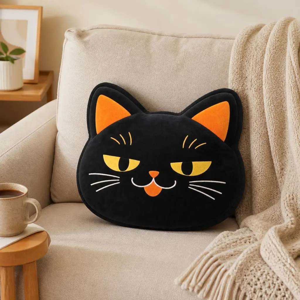 Grumpy Black Cat Face Shaped Pillow Stuffed Decorative Cushion Throw Pillow for Sofa Home Decor Cat Lover Gift Living Room