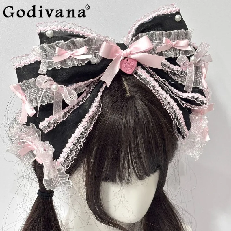 

Original Lolita Hair Accessories Women's Heavy Craft Black Pink Series Cute Hair Clips Female Elegant Hair Accessories Hairbands