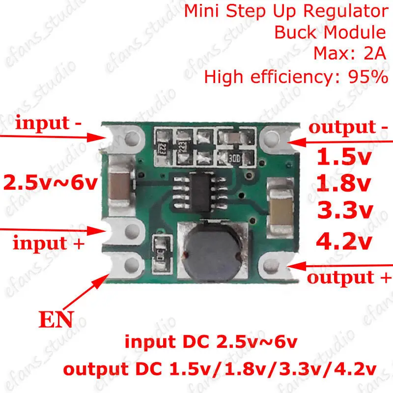 Mini DC-DC Buck Step-down Converter Moduł zasilania 1,5 V 1,8 V 3,3 V 4,2 V 2A