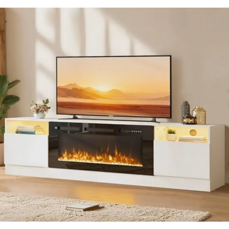 Fireplace TV Stand for TVs up to 90, LED Light Entertainment Center, Modern Wood Texture, Warm Brown, Highlight Storage Cabinet