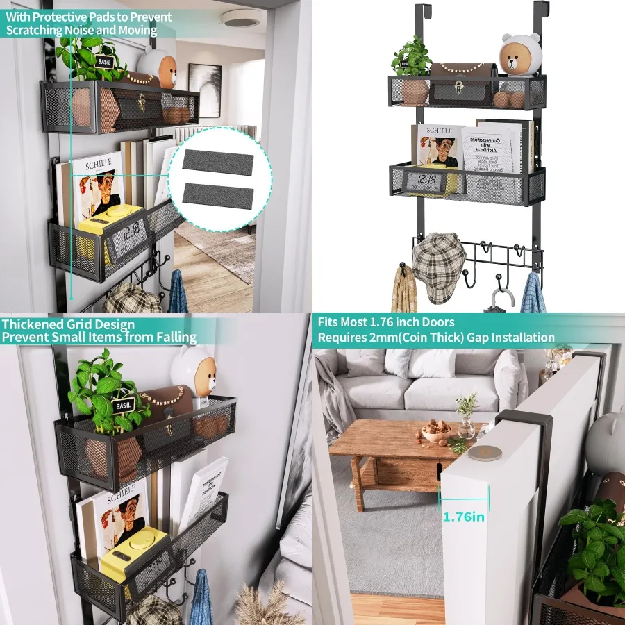 

Вешалка над дверью с крючками для одежды и 2 корзинами, нержавеющий водонепроницаемый органайзер для хранения шляп, ванной комнаты, кухни, спальни, Bla