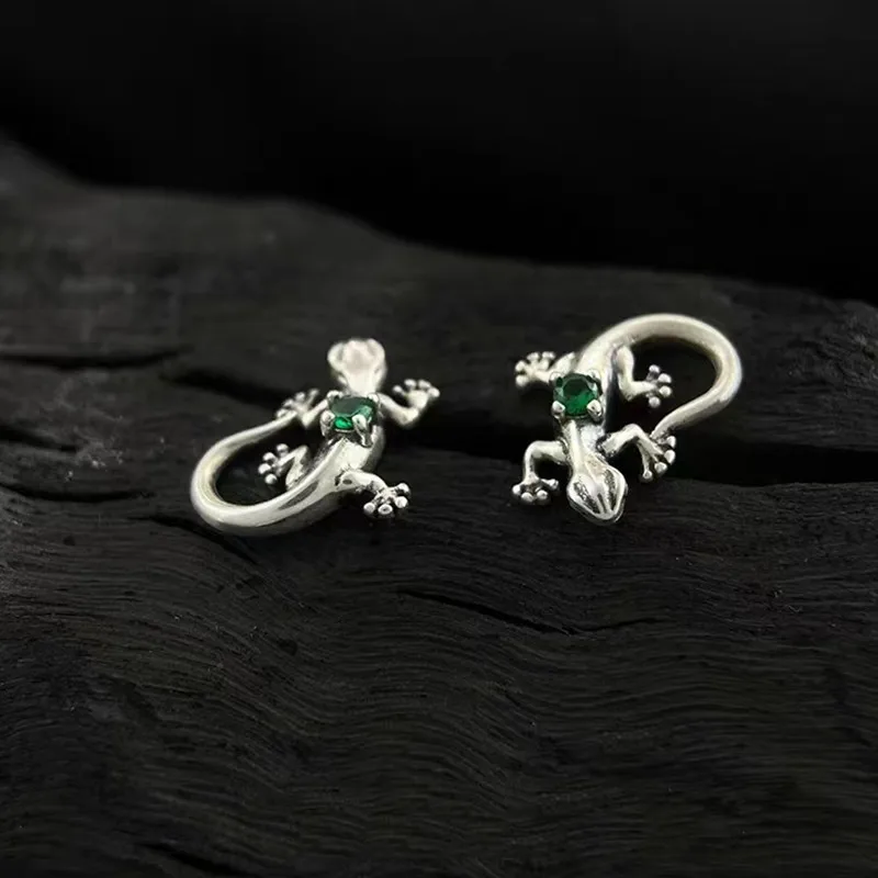 Silver Color Lizard Stud Earrings for Women Green Gecko Cocktail Zircon Hypoallergenic Earrings Girls Fashion Party Jewelry Gift