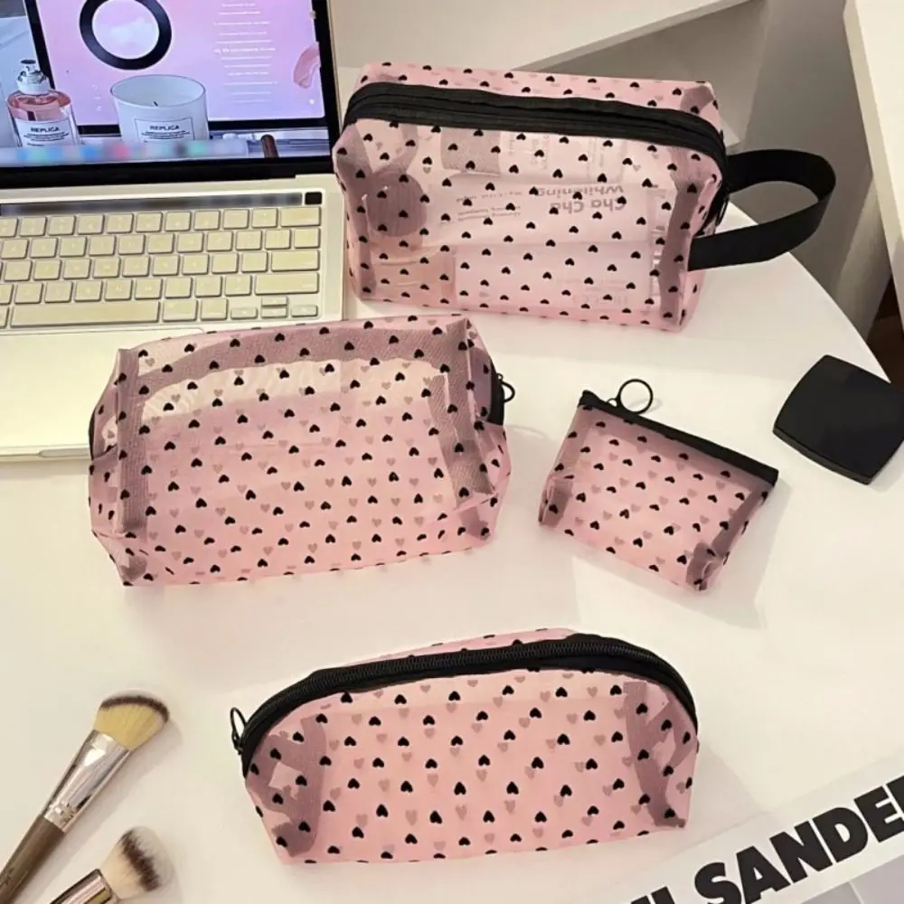 New Nylon Mesh Cosmetic Bag Lipstick Key Earphone Organizer Pouch Makeup Storage Bag Heart Shaped Toiletry Bag