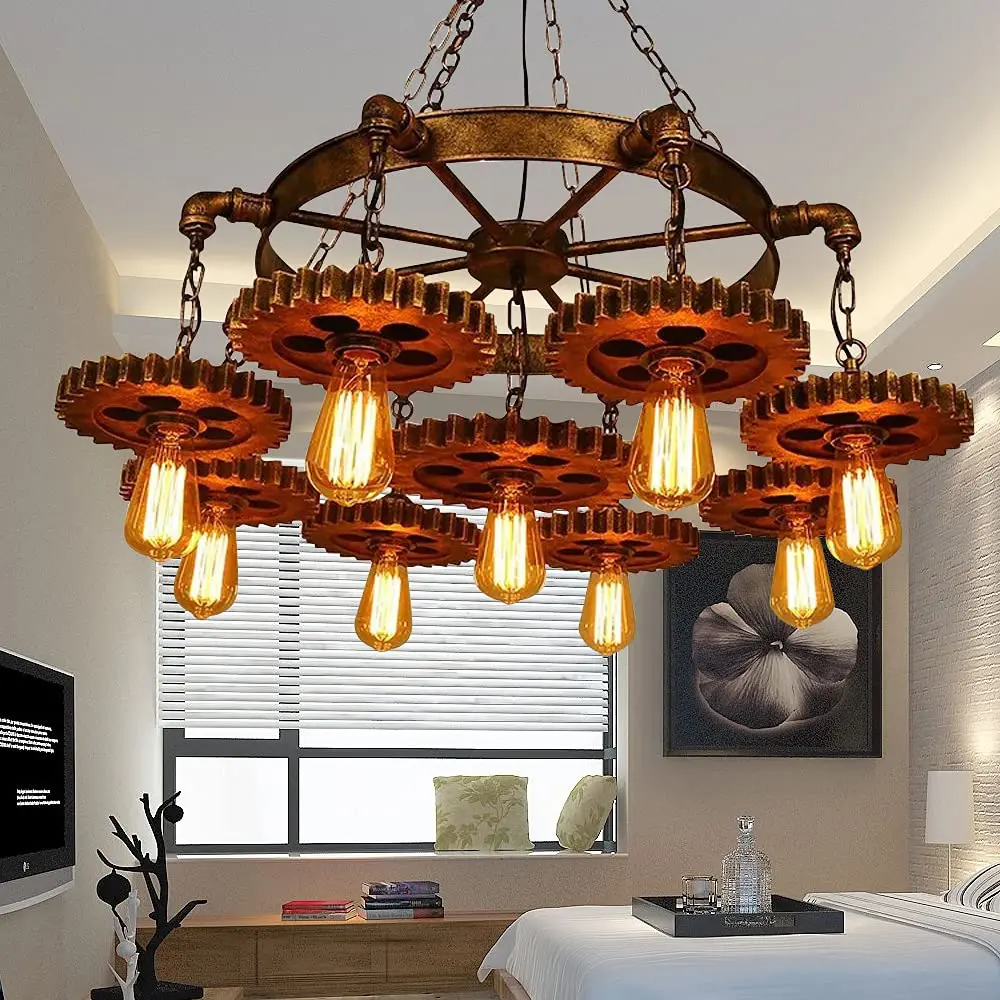 Lampadario industriale, lampada a sospensione rustica in stile Steampunk vintage a 9 luci, apparecchio di illuminazione a sospensione a soffitto in metallo per Resta