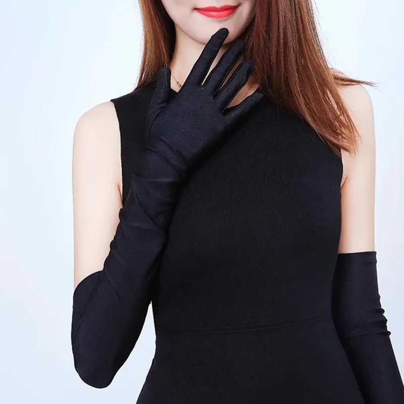 55cm Classic Adult Black White Red Grey Opera/Elbow/Wrist Stretch Gloves Fashion Women Matching Costume Satin Finger Long Gloves