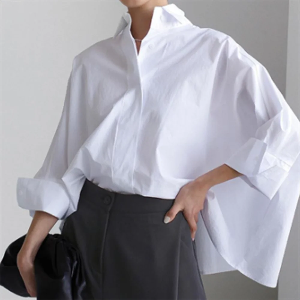 Women's long-sleeved shirt women loose white cloak bat sleeve Irregularity blouse