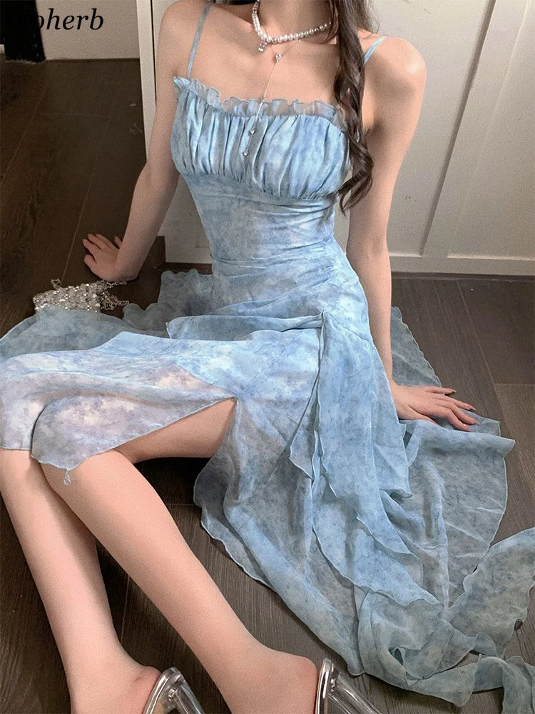 

2025 Vestidos De Mujer Sweet Dress Women Print Pleated Sling Robe Femme Backless Tunic Fashion Summer Irregular Split Dresses