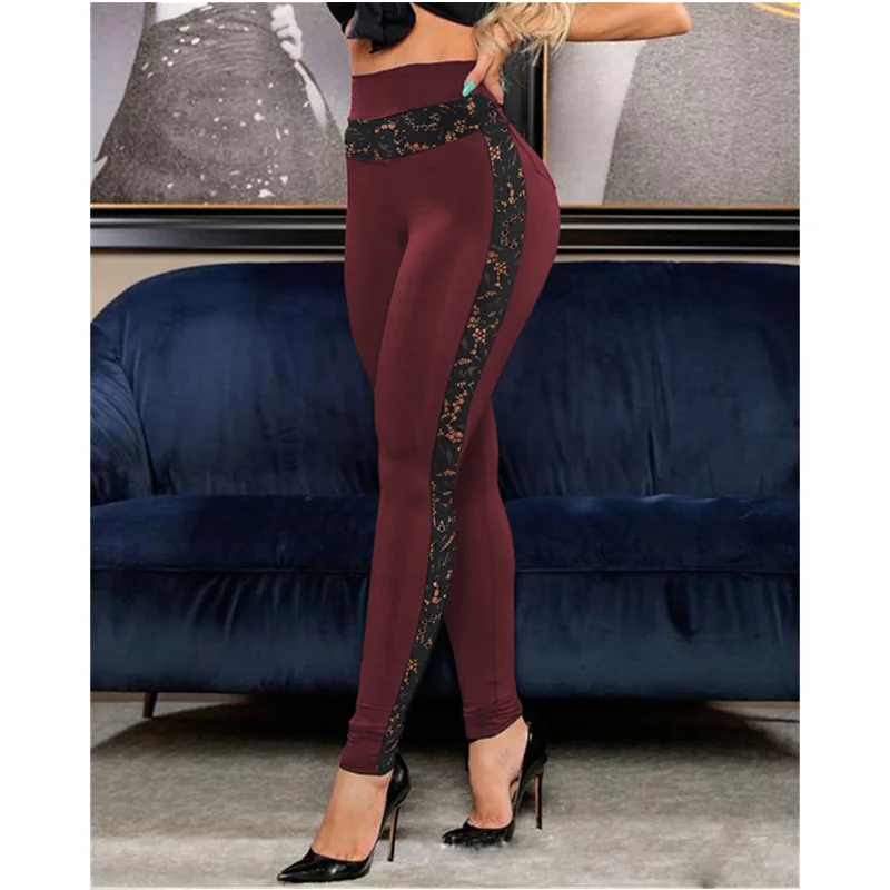 Faion High-Waist Skinny Yoga Trousers Women Casual Sport Cotton Blend Street Sle Lace Detail Long Pants