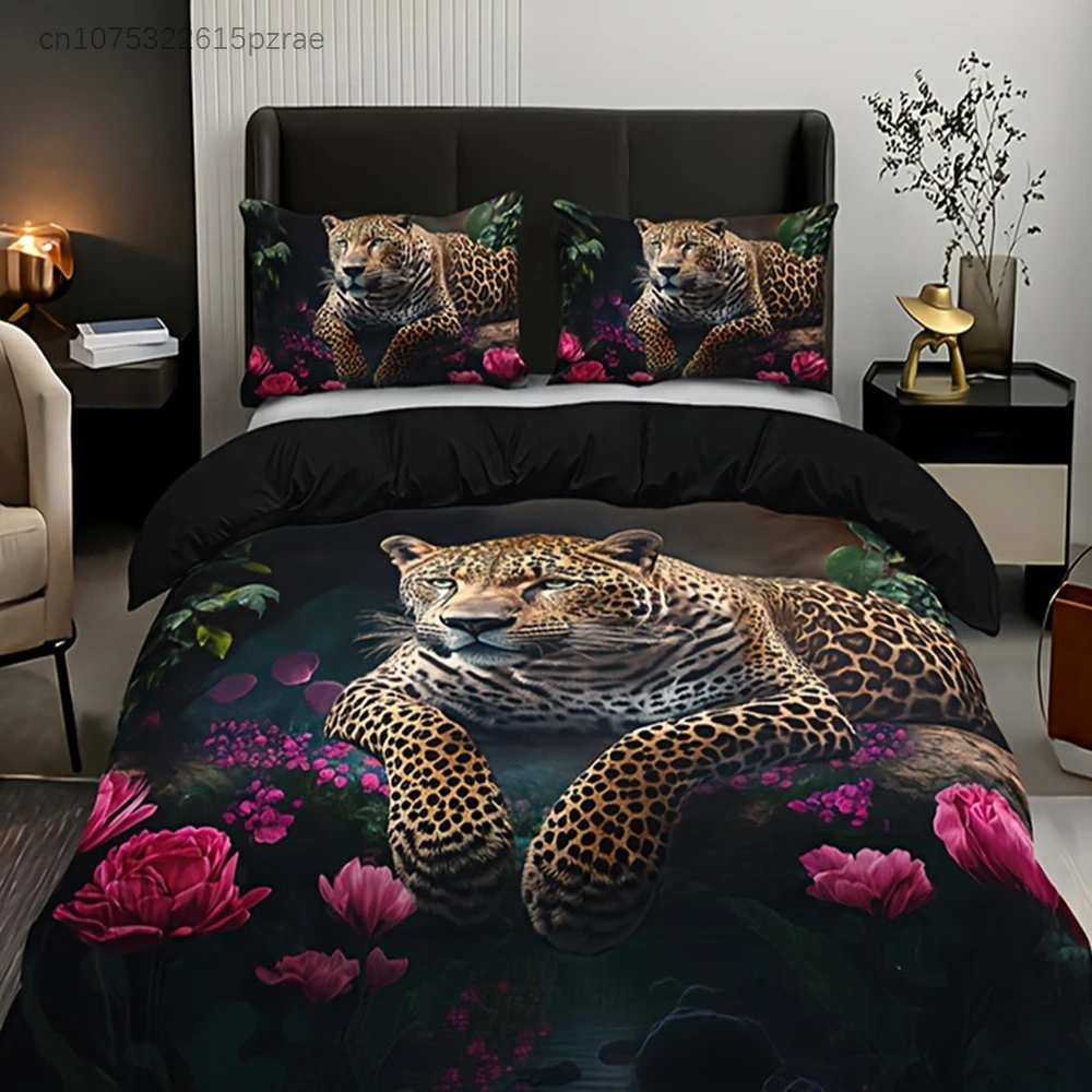 3pcs, Fashion Wild Animal Leopard Rose HD Digital Printing Home Bedding Set Three-piece Set, Soft Warm Throw Blanket Nap Blanket