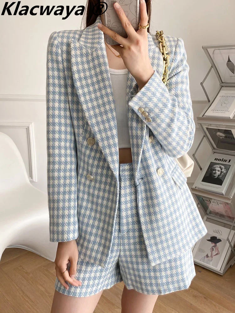 Klacwaya Blazer Women Shorts Sets Woman 2 Pieces Chic Office Lady Suit Skirt And Jacket Plaid Female Suits