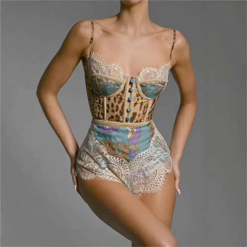 

Trendy Sexy Leopard Print Short Jumpsuit Summer Slim Spaghetti Strap Patchwork Lace Backless Jumpsuits Beach Hot Girl Clothing