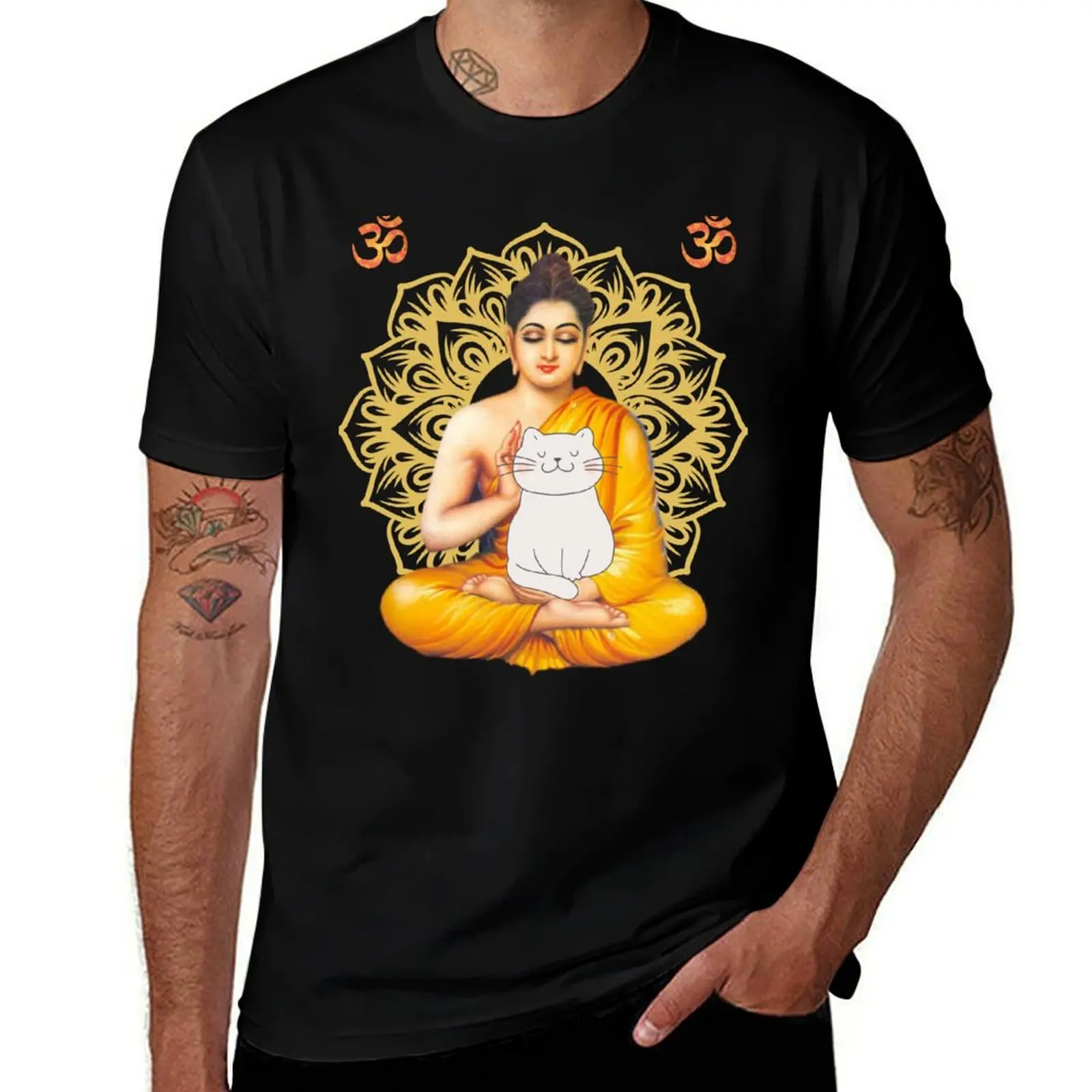 

Buddha with white cat T-Shirt man t shirt cotton high quality man t shirt luxury t shirts for man pack white T-Shirt