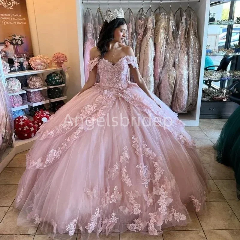 Angelsbridep-vestido De Graduación Rosa escalonado con cordones y cuentas, vestido De baile De princesa, vestido De quinceañera sin hombros, Vestidos De fiesta