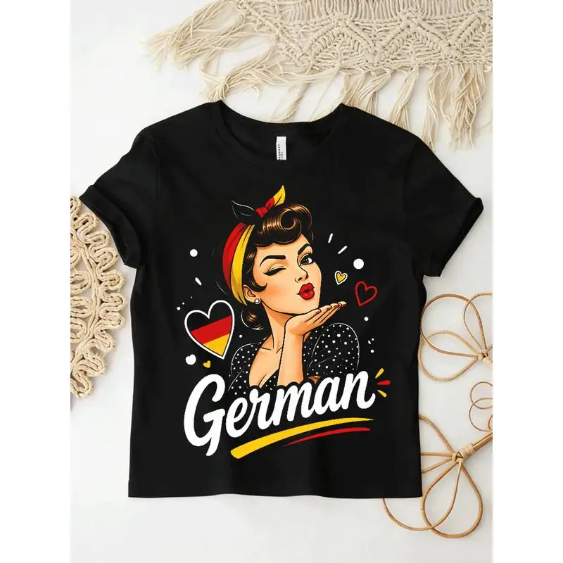 Germany Flag Pin Up Girl Graphic T Shirt Vintage Retro Blowing Kiss Lady Print Short Sleeve Tee Women Casual Streetwear Tops