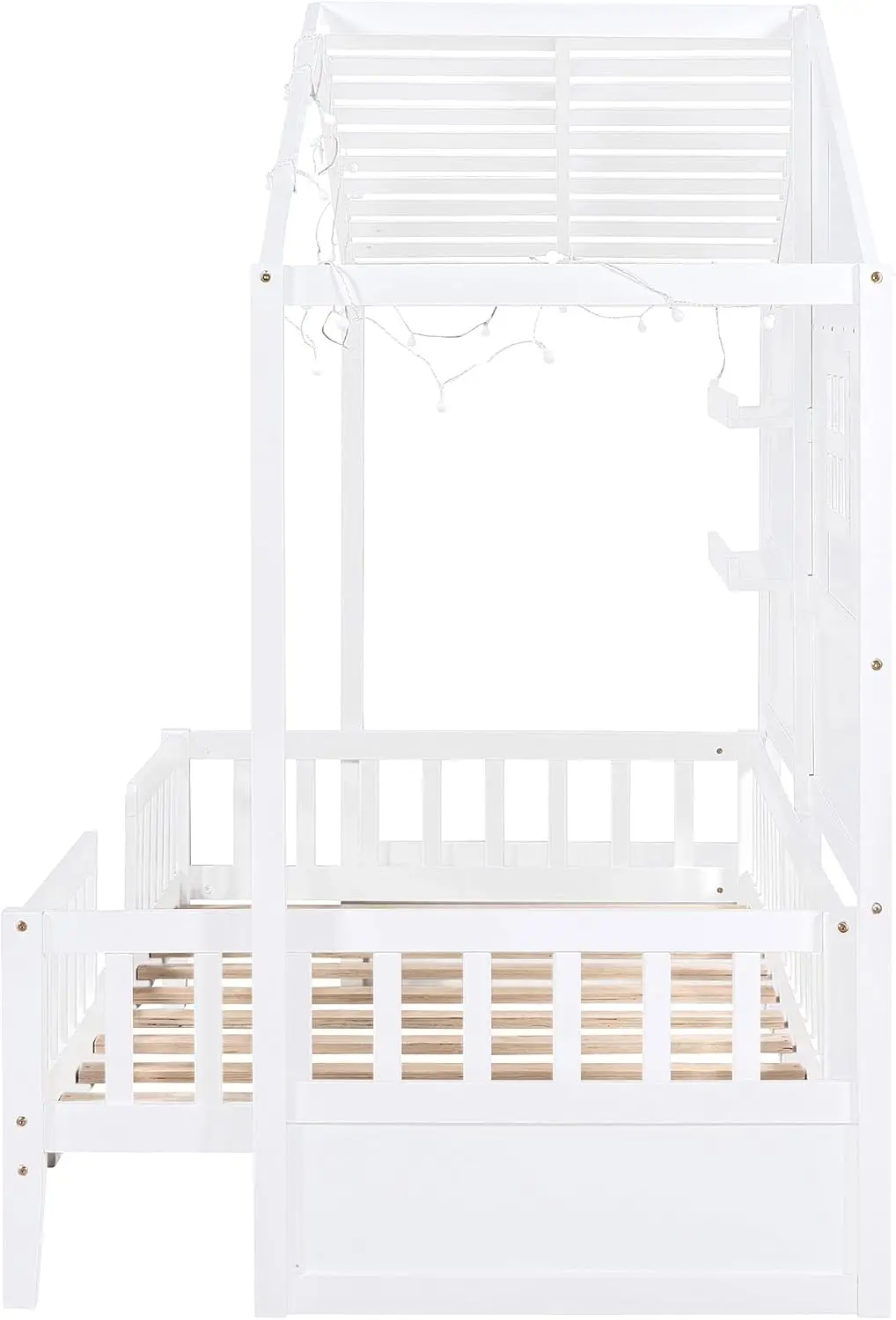 Softsea Twin Size Low Loft Bed With Shelves, Wood Low House Loft Bed With Window And Sparkling Light Stripe On The Roof, House