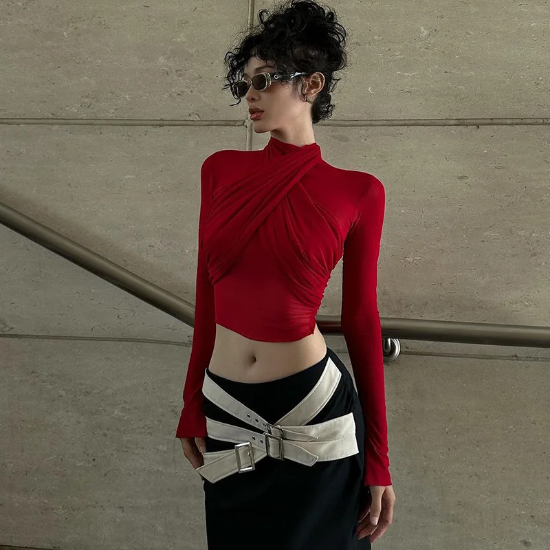 2025 New Spring Women's Fashion Mesh Turtleneck Long Sleeve Red Draped Bandage Sexy See Through Crop T-Shirt Top Streetwear Club