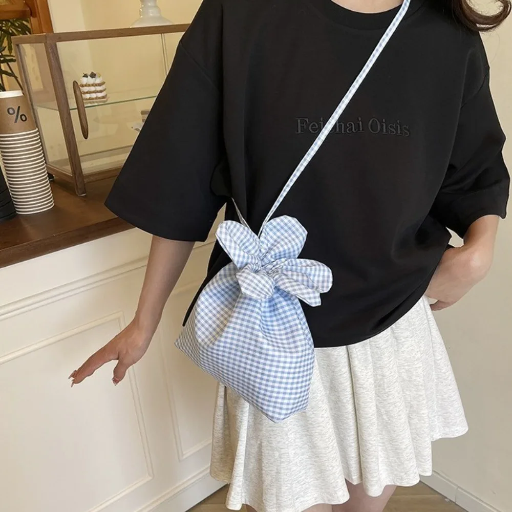 

Literary Korean Style Plaid Drawstring Bag Printing Canvas Small Crossbody Bag Bundle Pocket Large Capacity Flower Handbag Women