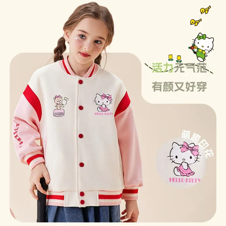 Sanrio HelloKitty Kids Spring and Autumn Children's Clothes Girls Baseball Uniform Jacket Loose Long Sleeve Top Christmas Gift