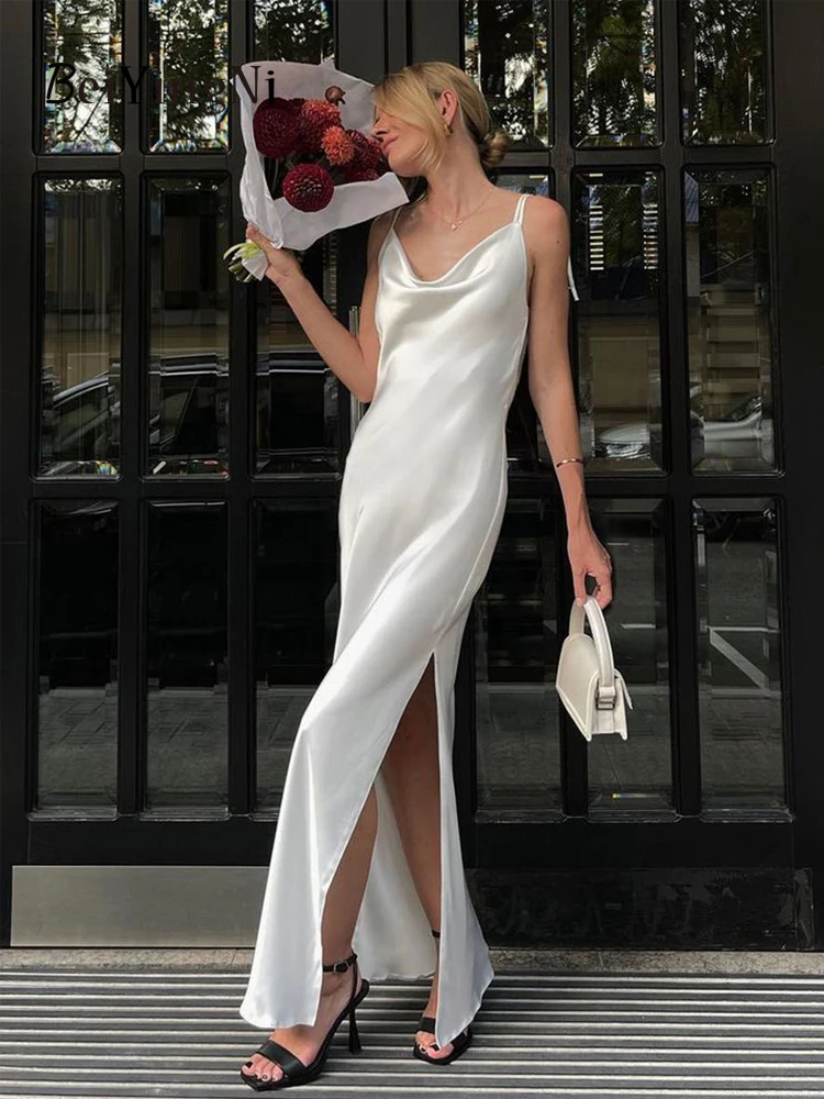 Beiyingni Women Swing Collar Long Dress Sexy Backless Elegant 2024 Fashion Luxury French Party Maxi Dresses White Green Clothing