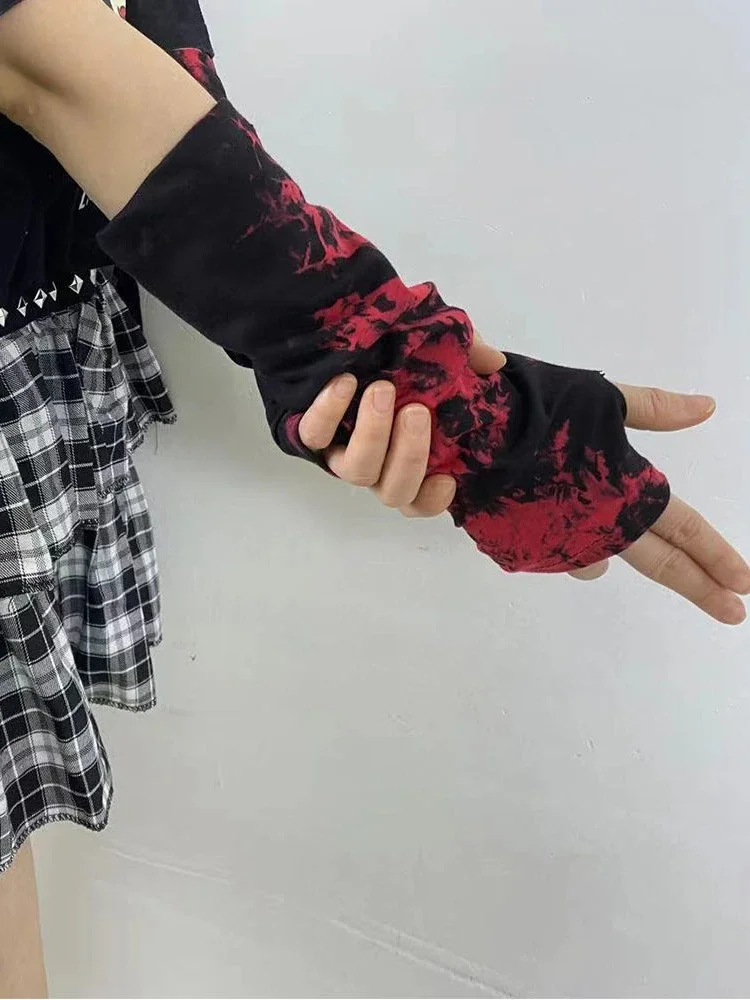 KOSAHIKI Punk EMO Style Streetwear Women Wrist Arm Warmer Tie Dye Long Fingerless Gloves Harajuku  Dark